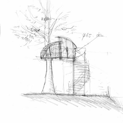 Schéma ou croquis au crayon d'une cabane perchée par le constructeur de cabane dans les arbres en bois Arboricorde